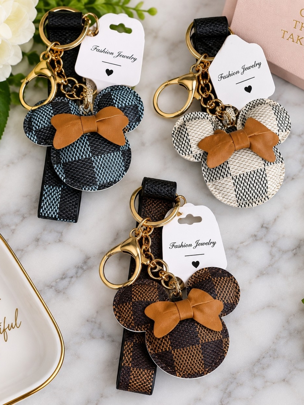 Checkered Mouse Bow Purse Charm Keychain – 3 Colors